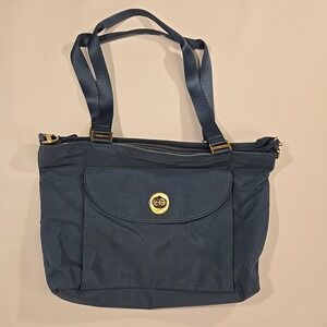 Baggallini Blue Nylon Tote Bag Shoulder Handbag Gold Hardware Frnt Pocket Travel